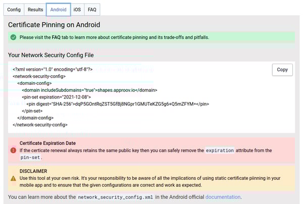 Approov static pinning configuration Android screenshot