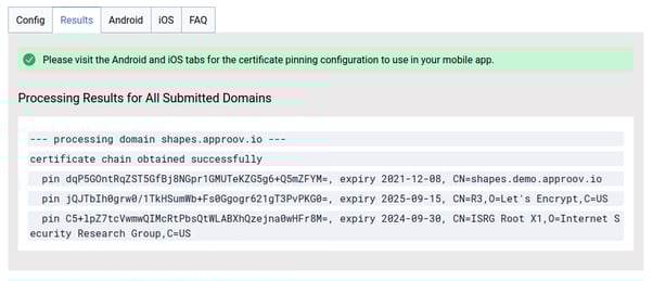 Approov static pinning live pin extraction screenshot