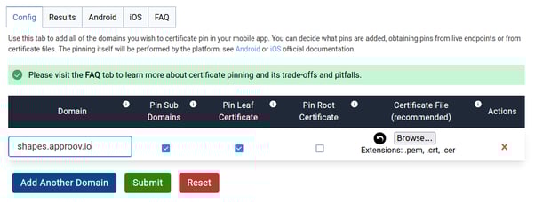 Approov static pinning tool screenshot