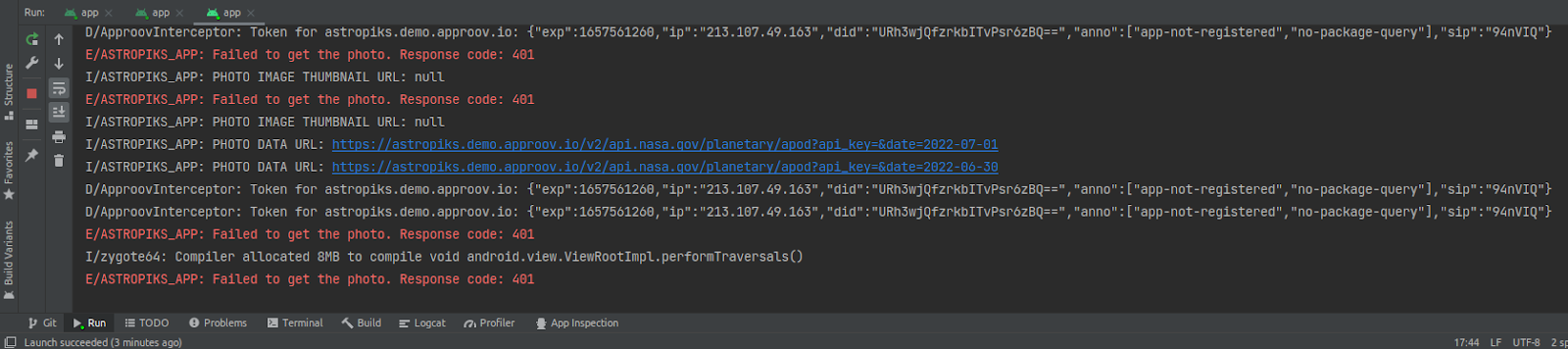 screenshot of Android Studio logs for the running app