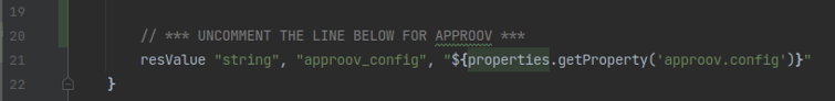 screenshot of the build.gradle file to add the load of the approov_config string from local.properties file