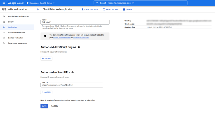 Google cloud console screen to fill the form to obtain the OAuth2 credentials