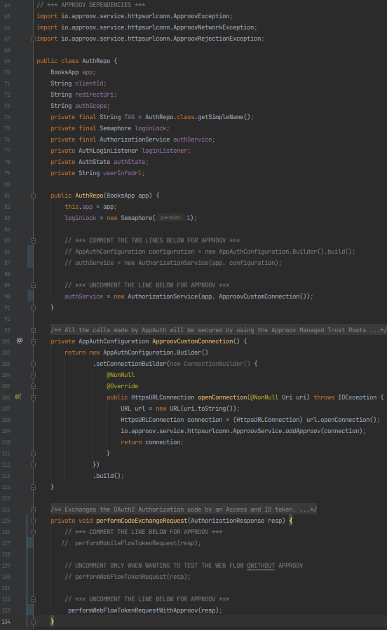 Screenshot to show how to add the Approov custom connection to the AppAuth SDK