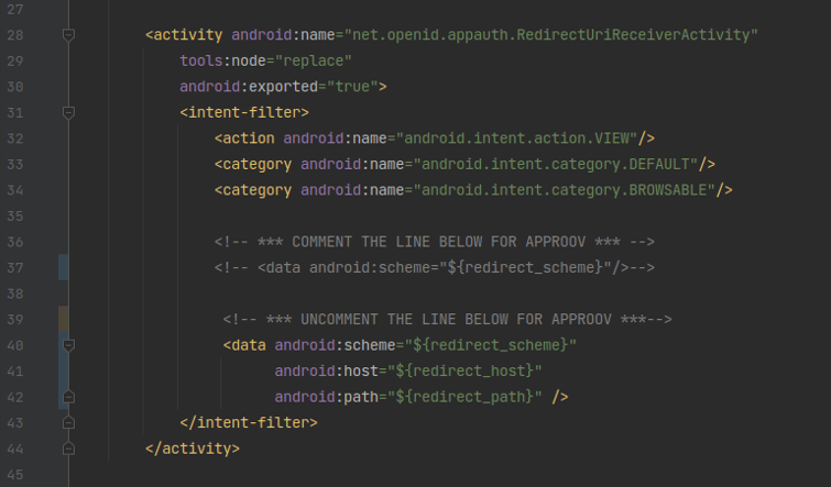 Screenshot of the Android manifest file with the configuration for configuring the AppAuth SDk to work with Approov with