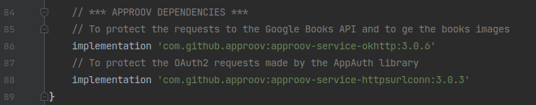 Screenshot of the app build.gradle file to add the Approov depedencies