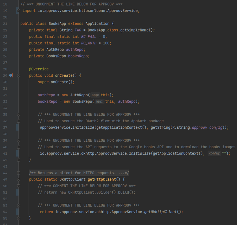 Screenshot of initializing the Approov service in the main activity