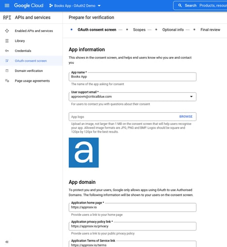 Google cloud console screenshot - Oauth2 screen