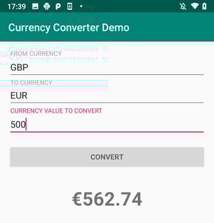 Screenshot from the mobile app screen with the currency conversion calculated.