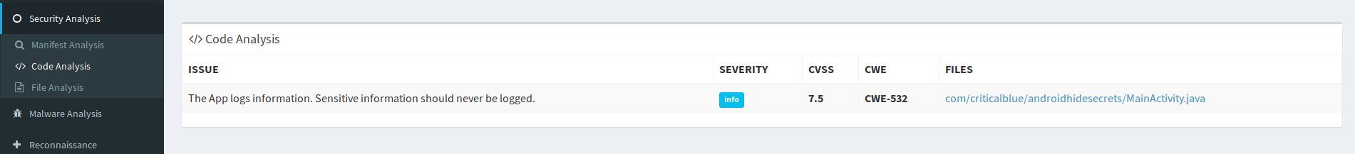Screenshot from MobSF code analysis section
