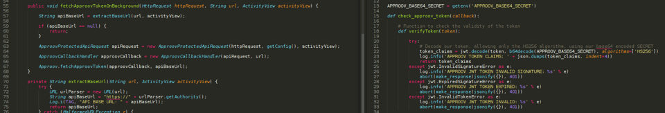 Screenshot from the code editor with the Approov implementation in the mobile app and API server.