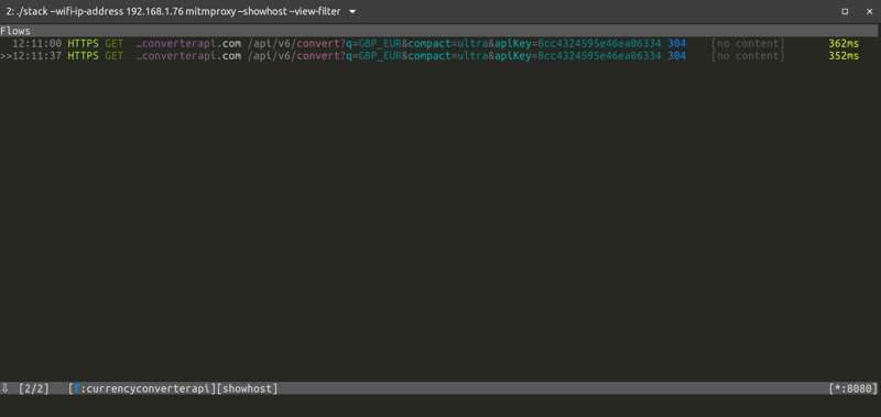 Screenshot from the mitmproxy CLI with the intercepted requests for calculating the currency conversion.