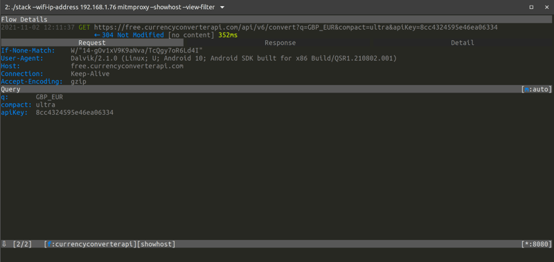 Screenshot of the mitmproxy CLI with details of one of the intercepted requests.