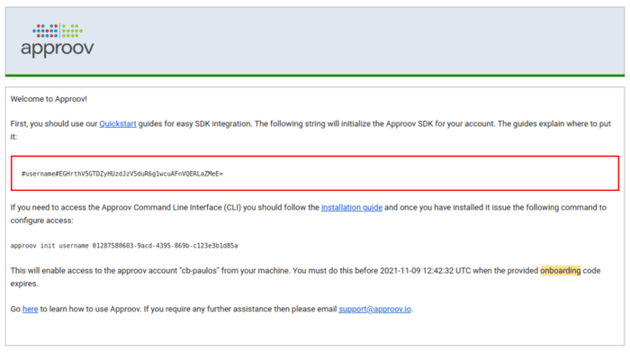 Screenshot from the Approov onboarding email.