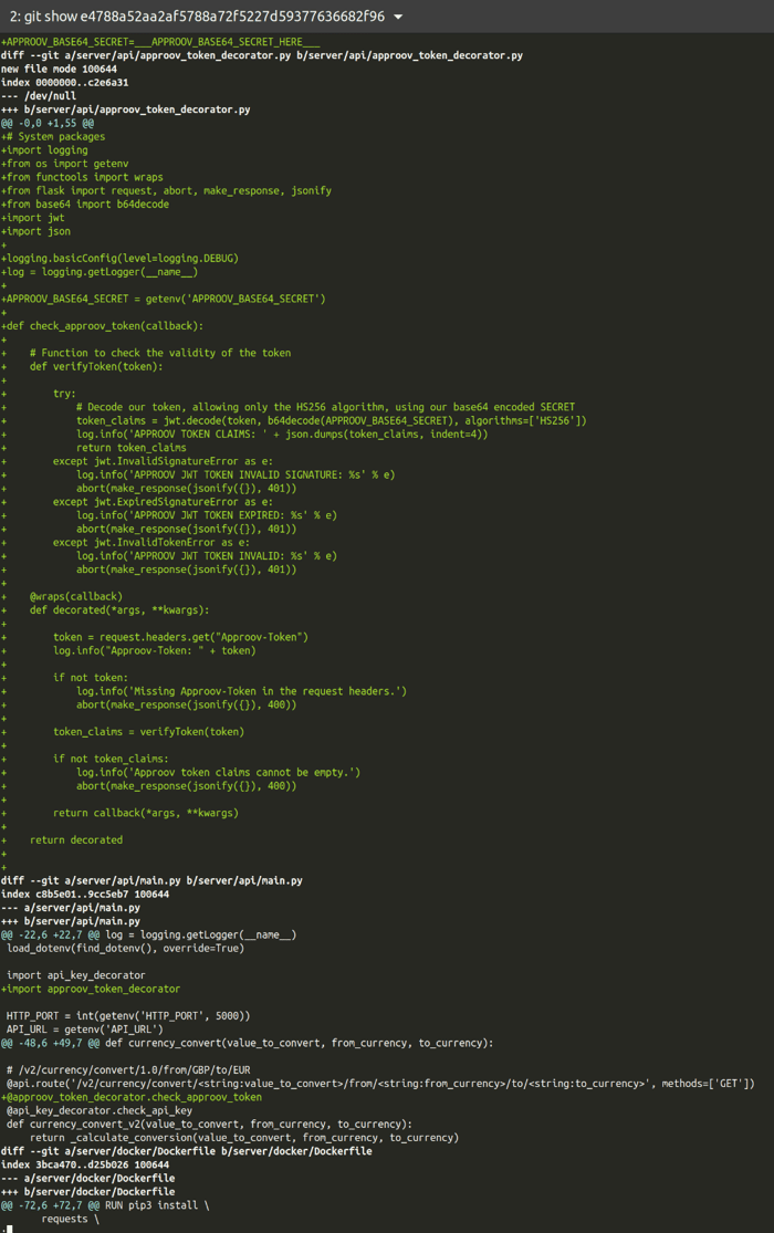 Screenshot from the git difference for the API server code.