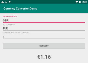 Screenshot from a currency conversion example on the Currency Converter Demo app.