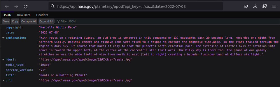 nasa api request example on the browser