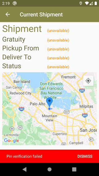 Screenshot from when Shipfast pin verification failed