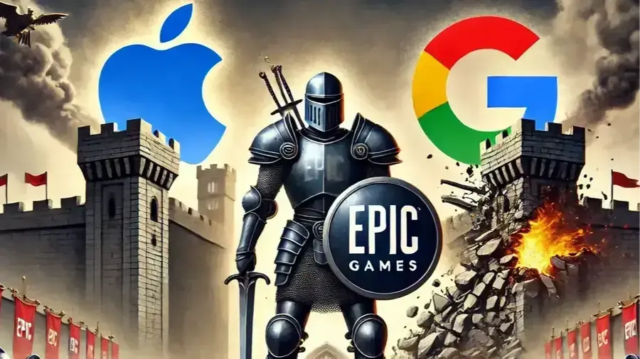 A dynamic legal battle scene representing Epic Games fight against app store giants