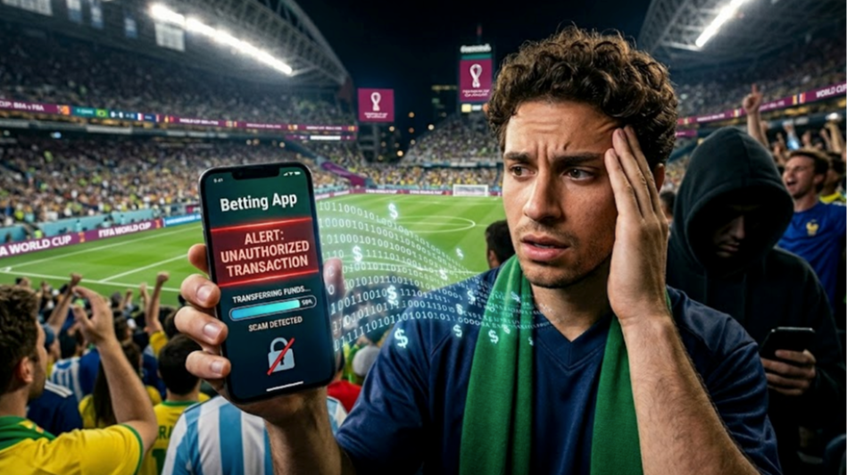 A betting app shows a security alert; A hacker in the background; Stadium setting