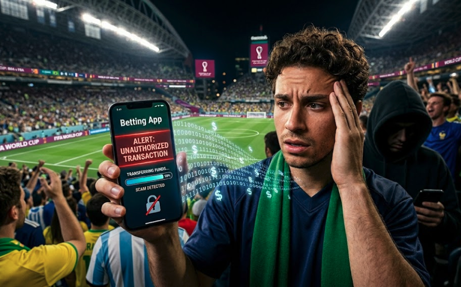 A betting app shows a security alert; Stadium background