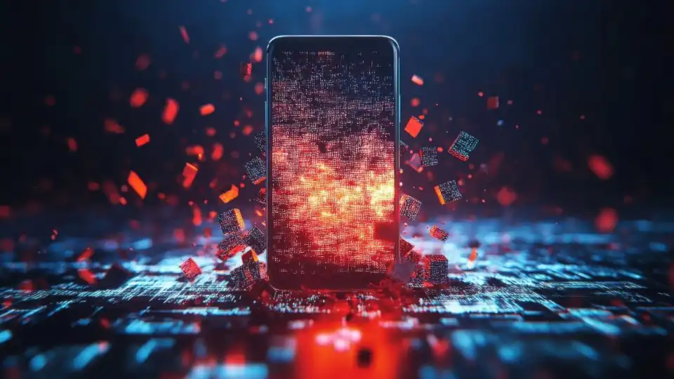 Cyberattack concept; A smartphone with a glowing, red and orange explosion, surrounded by floating digital data fragments