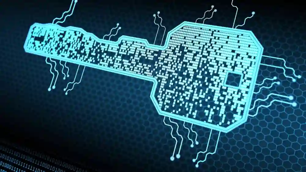 Digital security concept; digital key with binary data in background