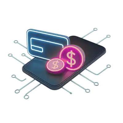 Mobile fintech concept; Smartphone with credit card and coins