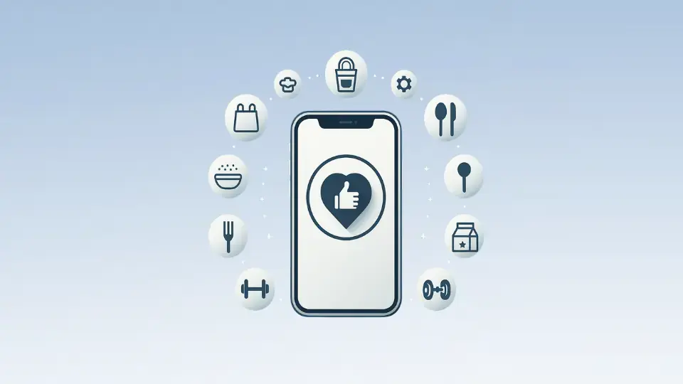 Mobile health and lifestyle app icons surrounding a smartphone