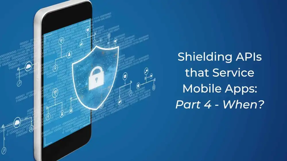 Mobile security concept; Phone icon overlaid with digital data, shield and padlock icons against a blue background.