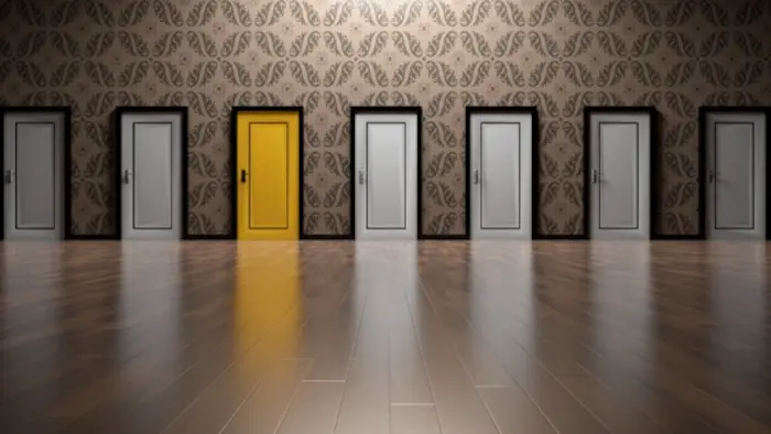 Choice concept; room with one yellow door in a row of white doors