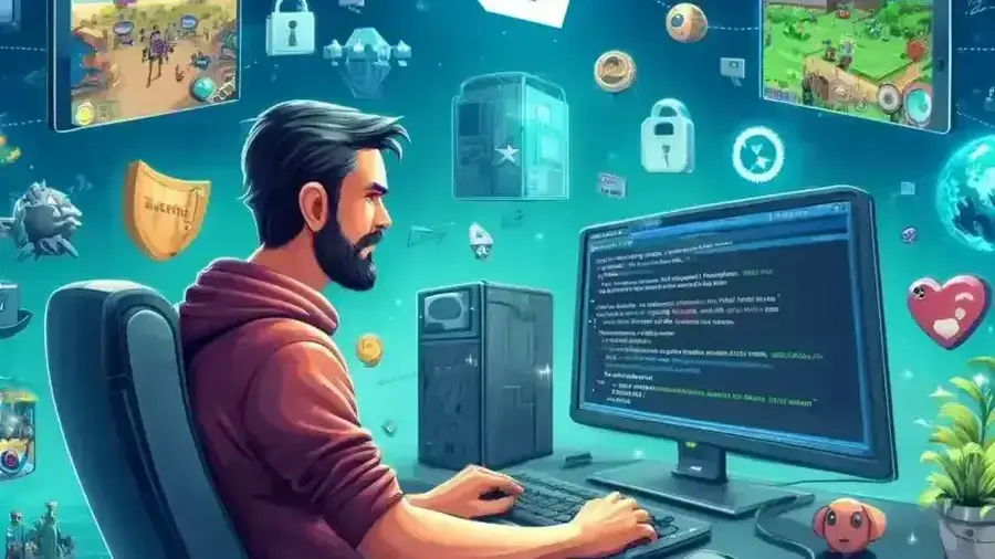 A man is coding for mobile game concept
