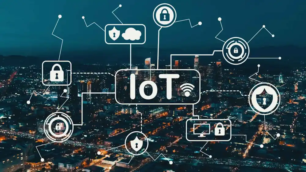 IoT security theme with downtown Los Angeles at night