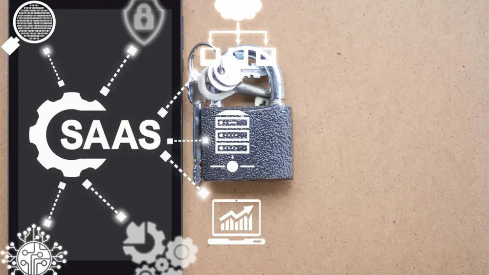 SaaS Security concept; Technology icons with padlock and keys on a brown and black background