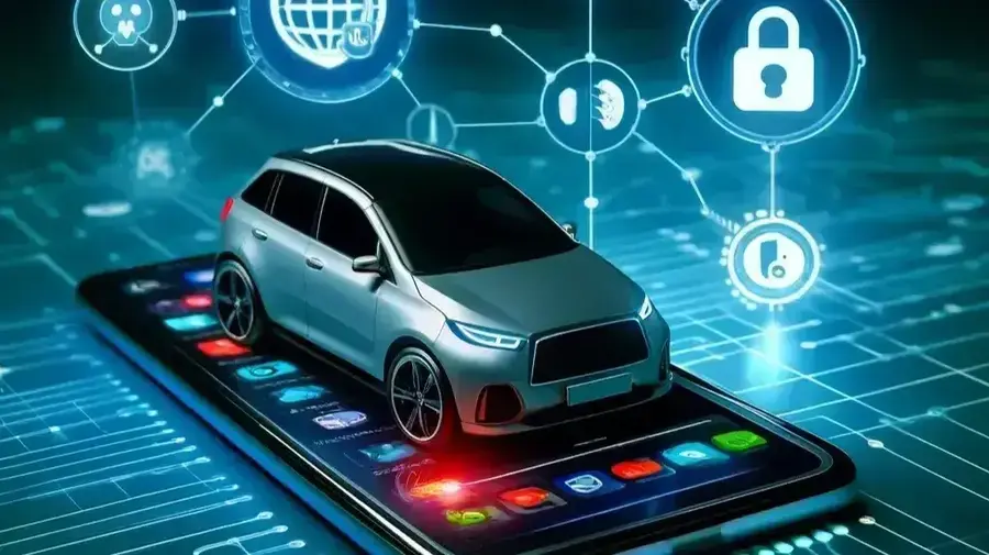 a modern car with a mobile app interface on a smartphone