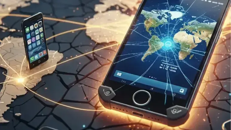 Mobile devices on a world map background